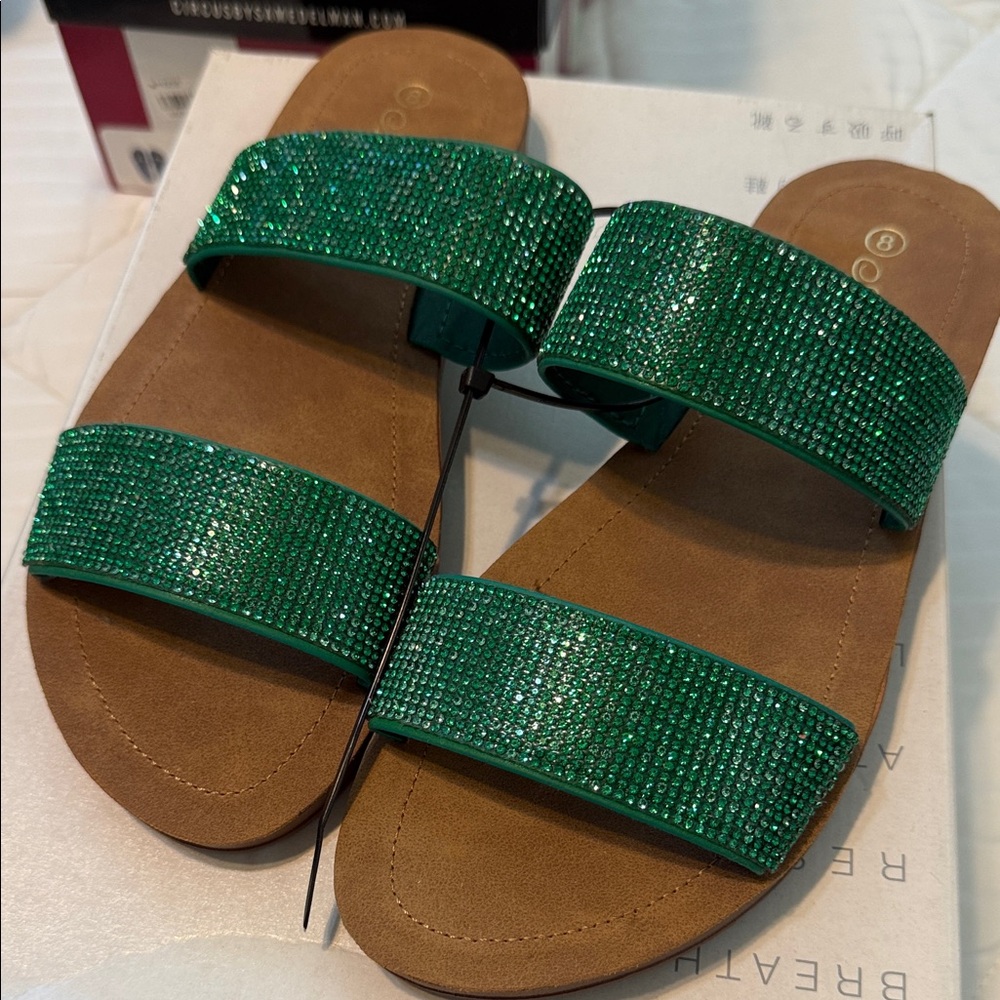 Crystal-Embellished Green Double-Band Slide Sandals
